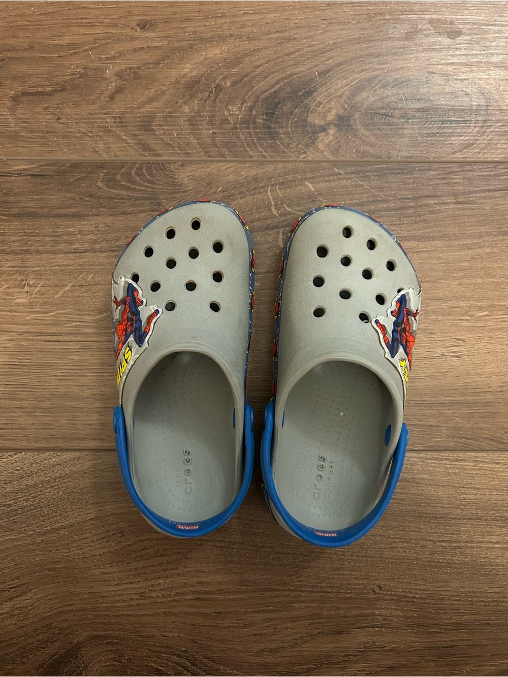 CROCS Kids Grey Clogs with Blue Strap and Spider-Man Detail